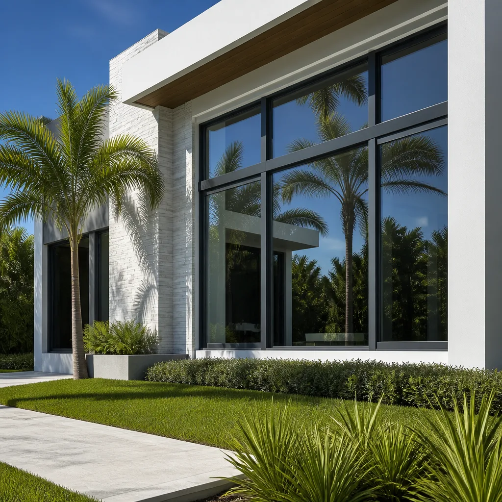 Modern luxury home exterior featuring high-quality impact windows